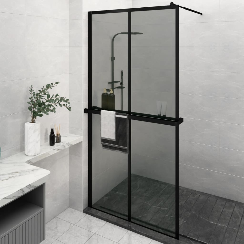 Vetonek Mampara ducha con estante vidrio ESG y aluminio negro 118x195cm