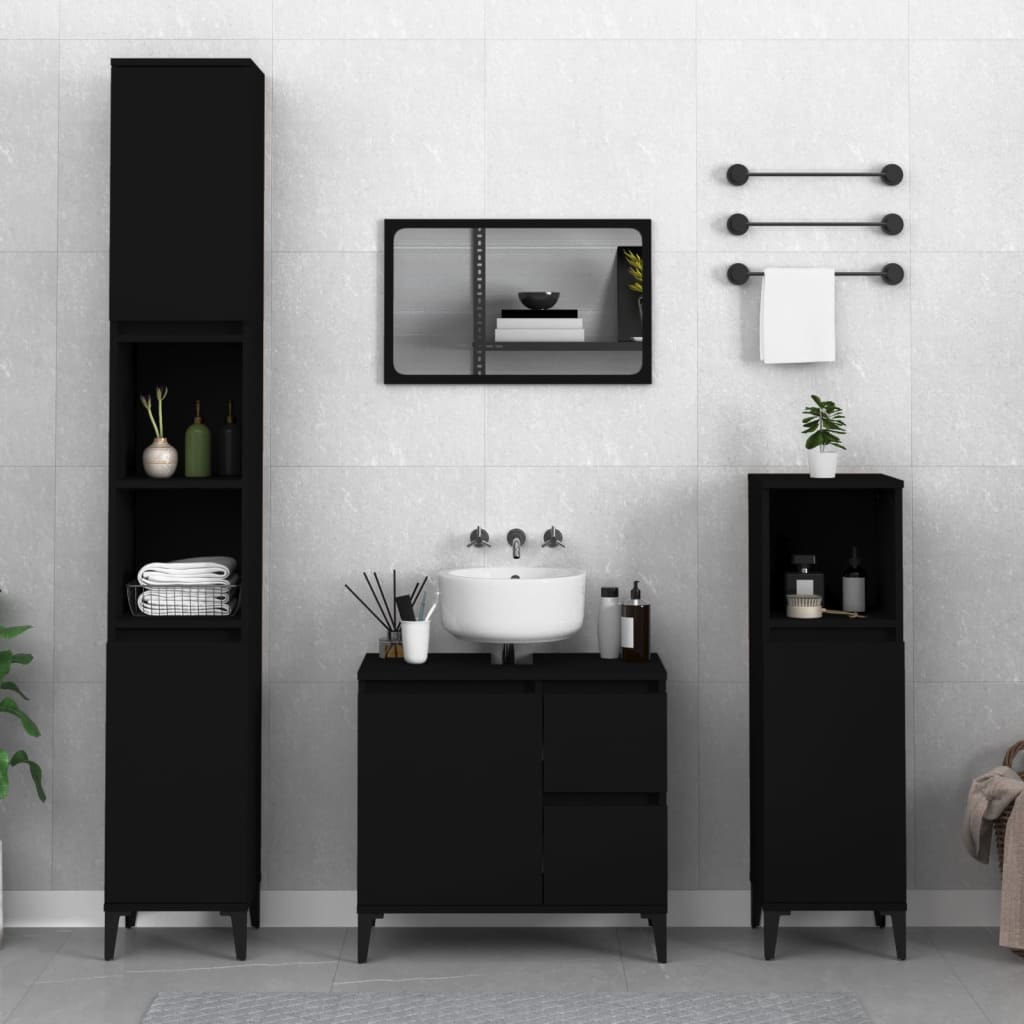 Vetonek Set de muebles de baño 3 piezas madera contrachapada negro