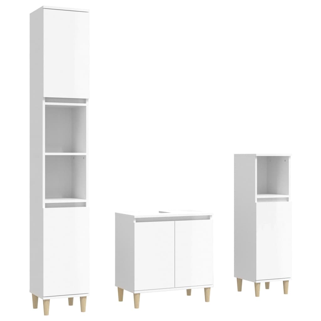 Set muebles de baño 3 piezas madera contrachapada blanco brillo