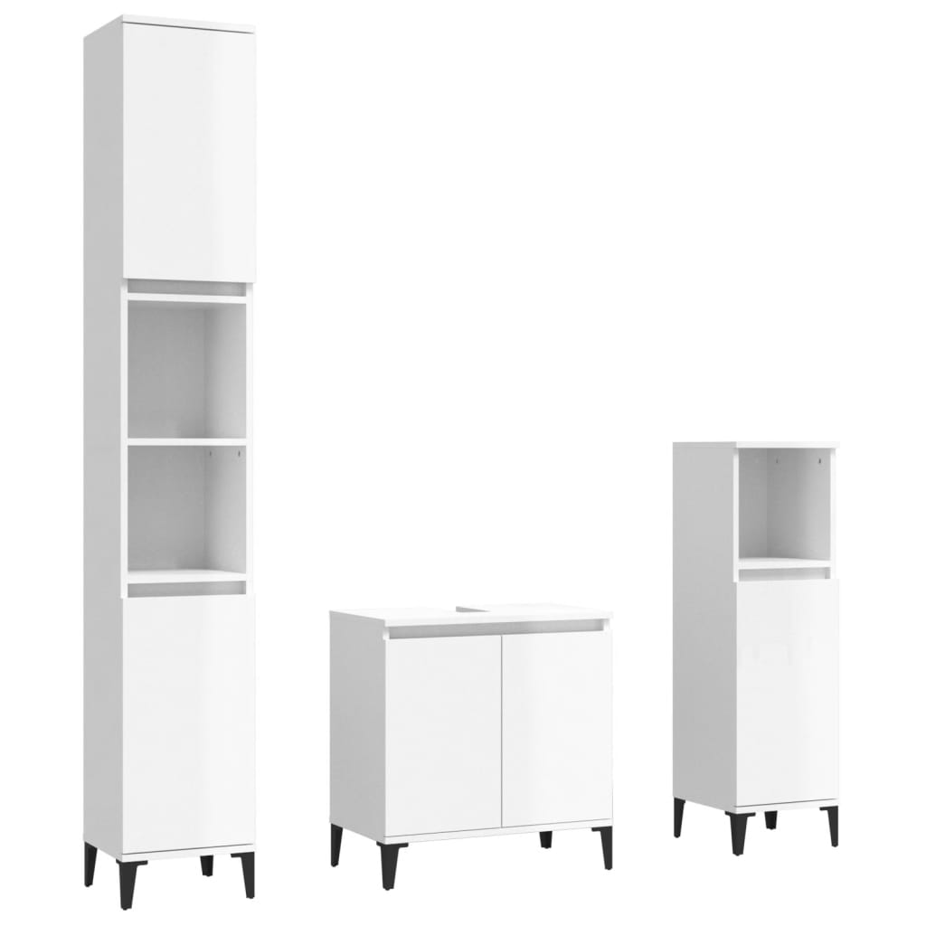 Set muebles de baño 3 piezas madera contrachapada blanco brillo