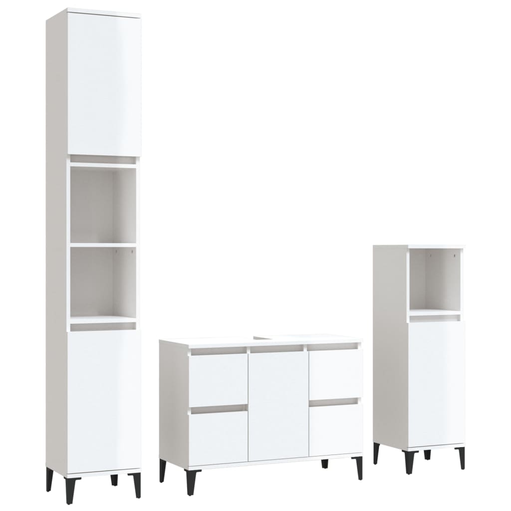 Set muebles de baño 3 piezas madera contrachapada blanco brillo