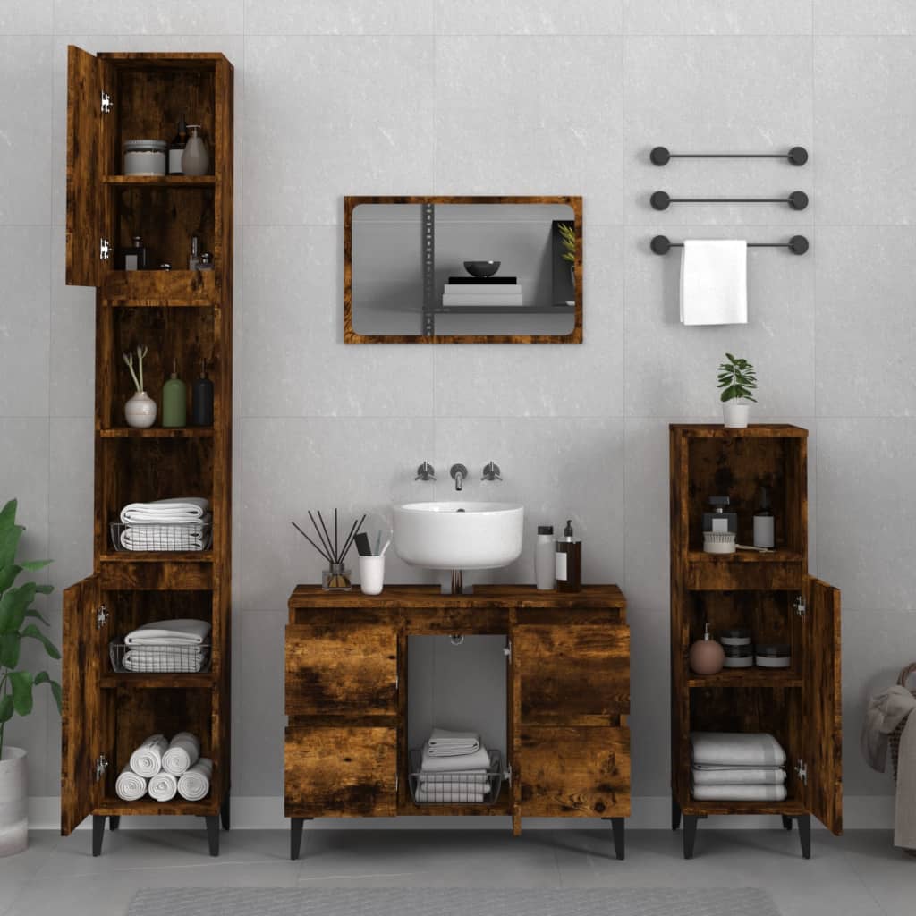 Vetonek Set de muebles baño 3 pzas madera contrachapada roble ahumado