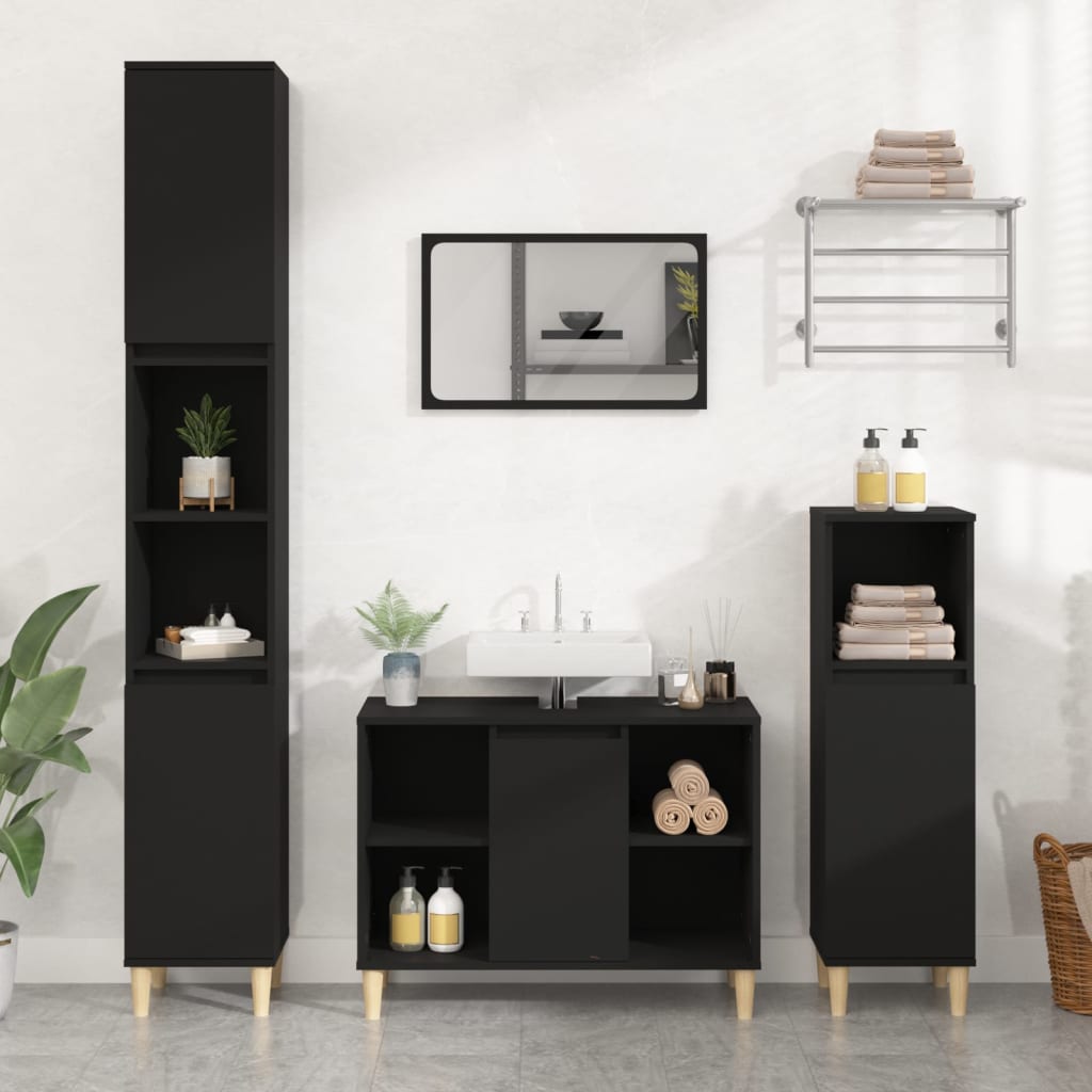 Vetonek Juego de muebles de baño 3 pzas madera contrachapada negro