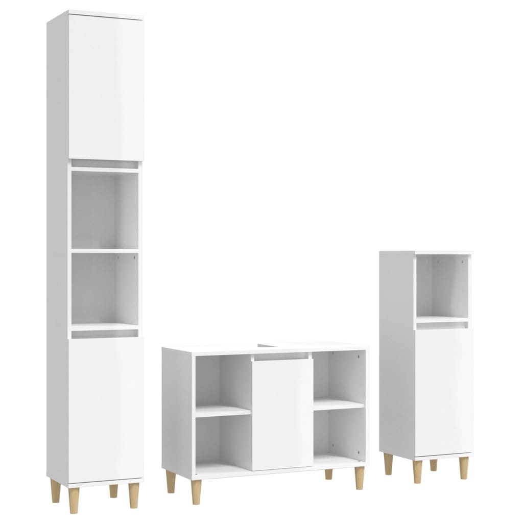 Set muebles de baño 3 piezas madera contrachapada blanco brillo