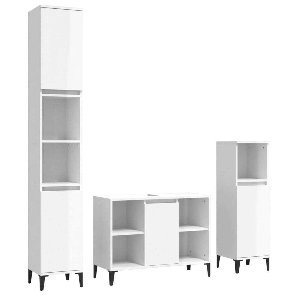 Set muebles de baño 3 piezas madera contrachapada blanco brillo