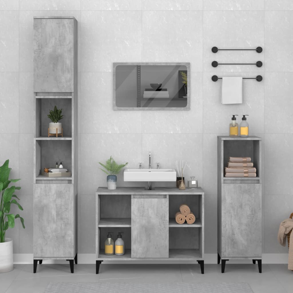 Vetonek Set muebles de baño 3 piezas madera contrachapada gris hormigón