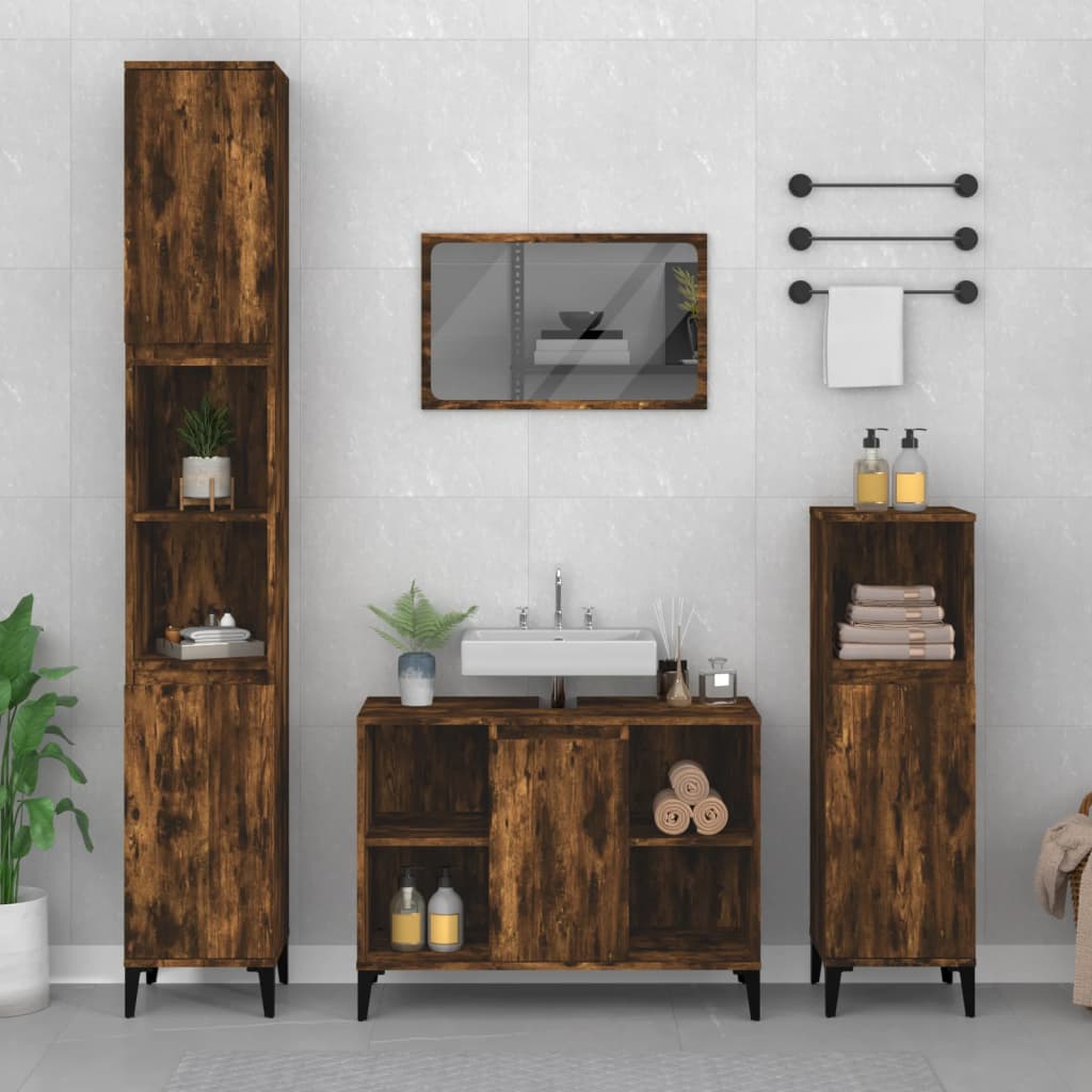 Vetonek Set de muebles baño 3 pzas madera contrachapada roble ahumado