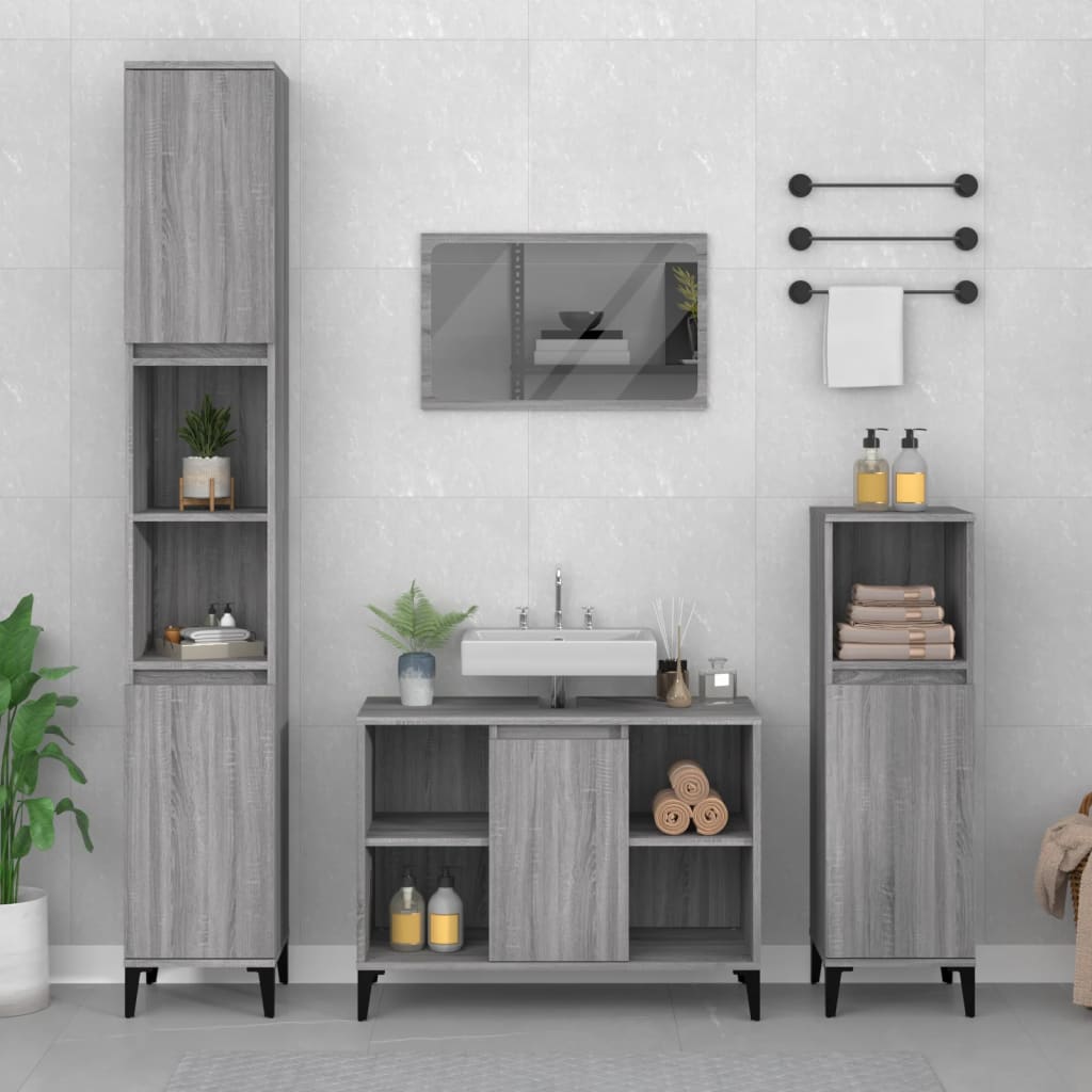 Vetonek Set de muebles de baño 3 pzas madera contrachapada gris sonoma