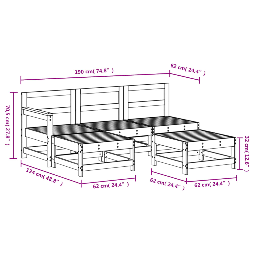 5 pieces of garden sofas solid wood of white pine