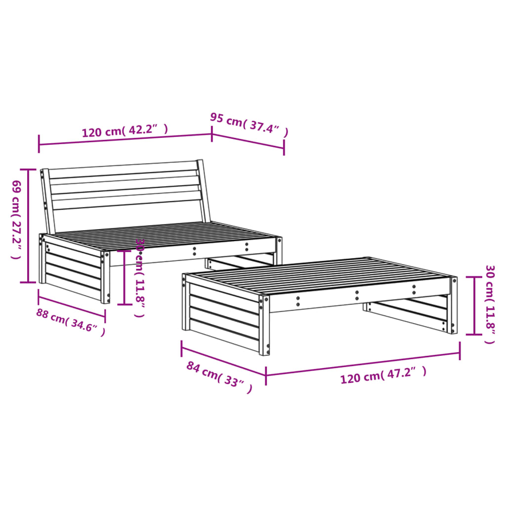 Juego de muebles de jardín 2 piezas madera maciza de pino vidaXL