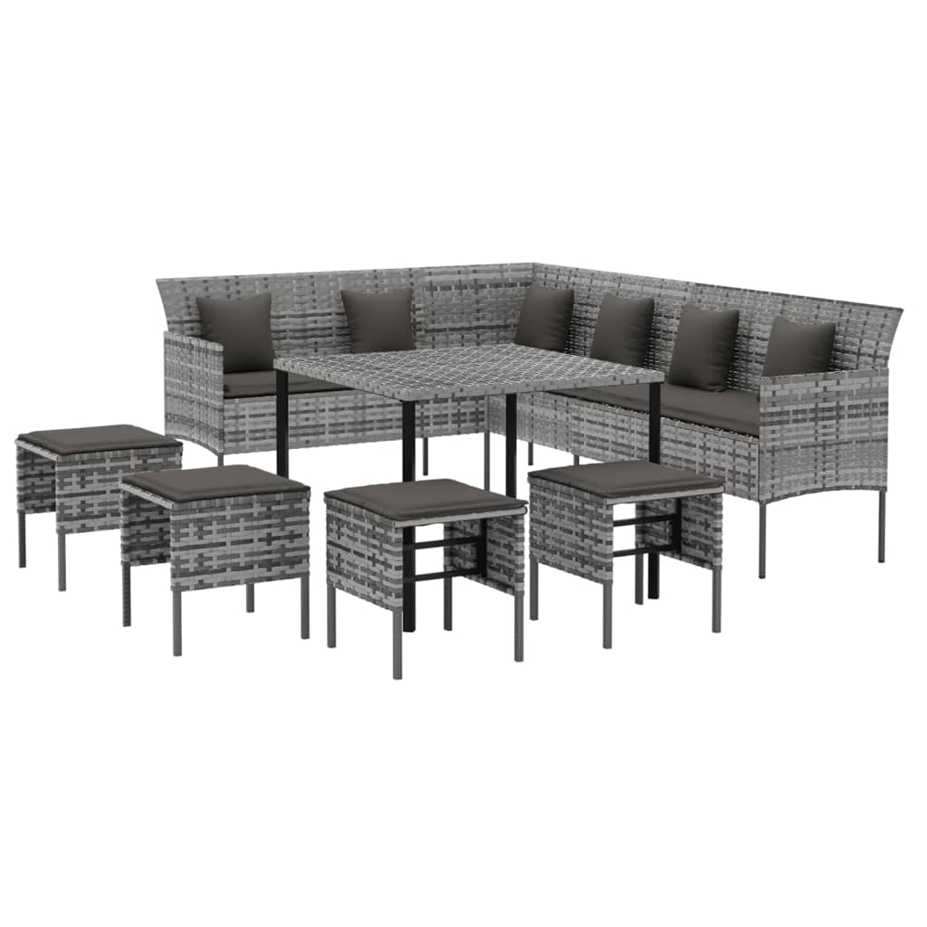 Set de comedor de jardín 6 pzas y cojines ratán sintético gris