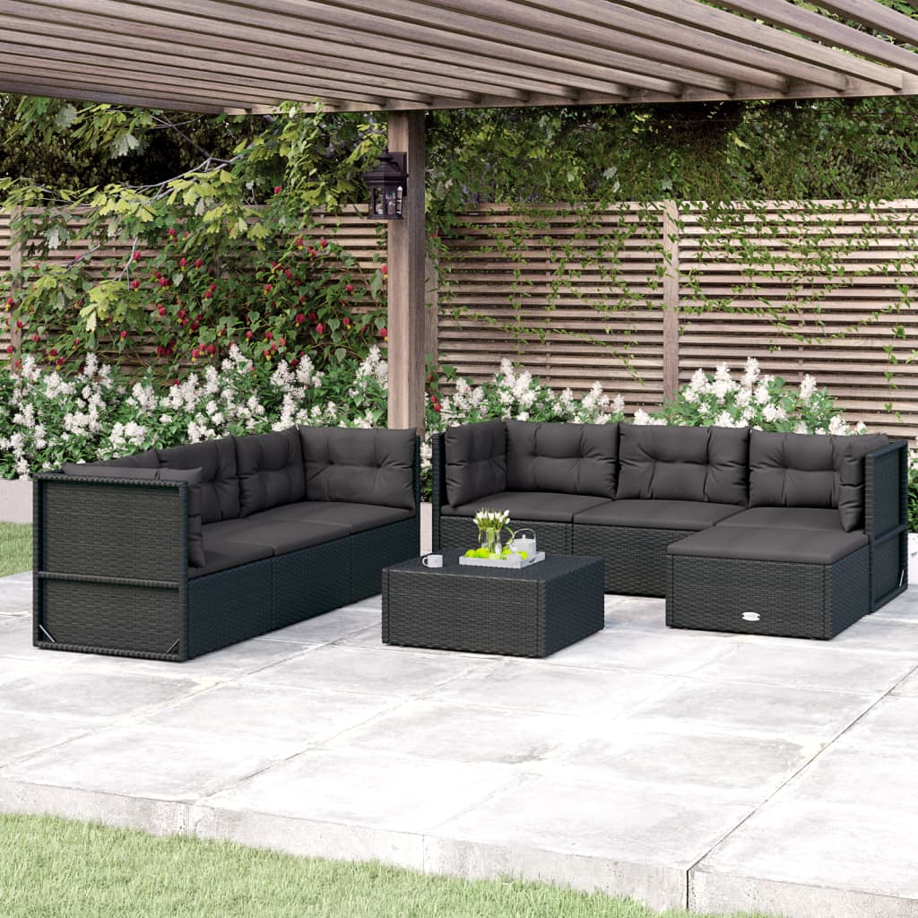 Vetonek Set de muebles de jardín y cojines 7 pzas ratán sintético negro