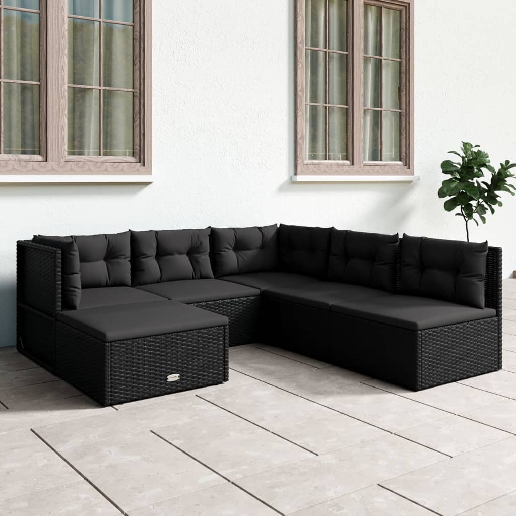 Vetonek Set muebles de jardín 6 piezas y cojines ratán sintético negro