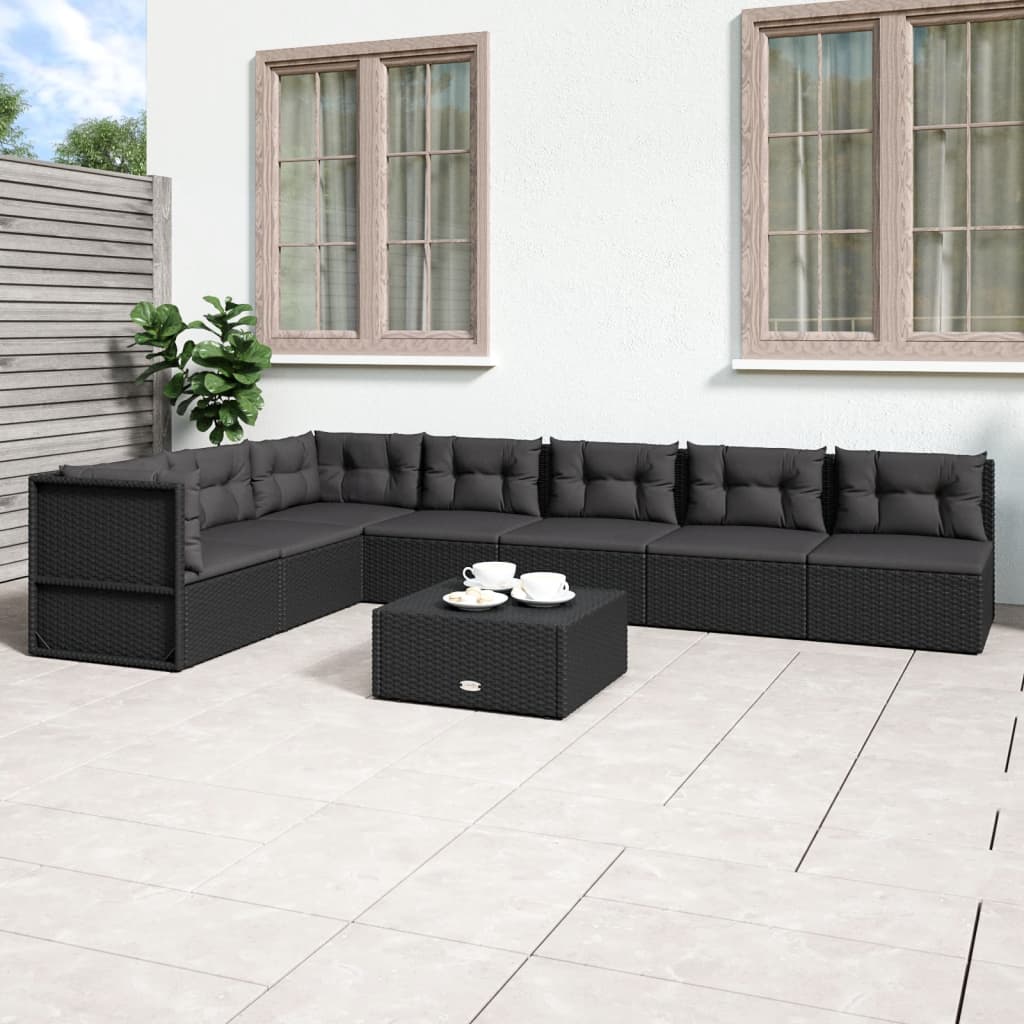 Vetonek Set de muebles de jardín y cojines 7 pzas ratán sintético negro