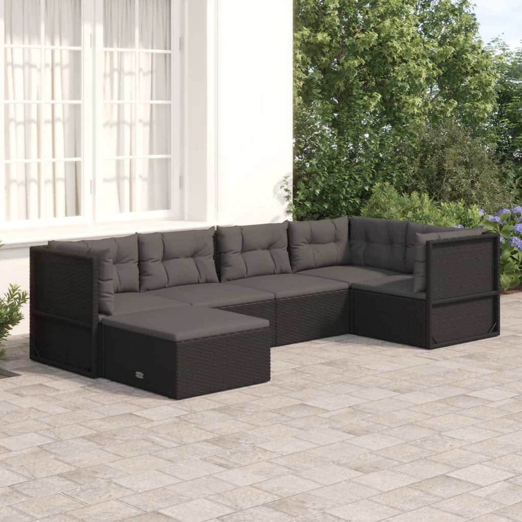 Vetonek Set muebles de jardín 6 piezas y cojines ratán sintético negro