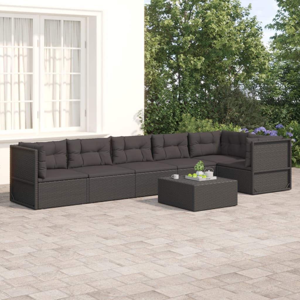 Set muebles de jardín 6 piezas y cojines ratán sintético negro