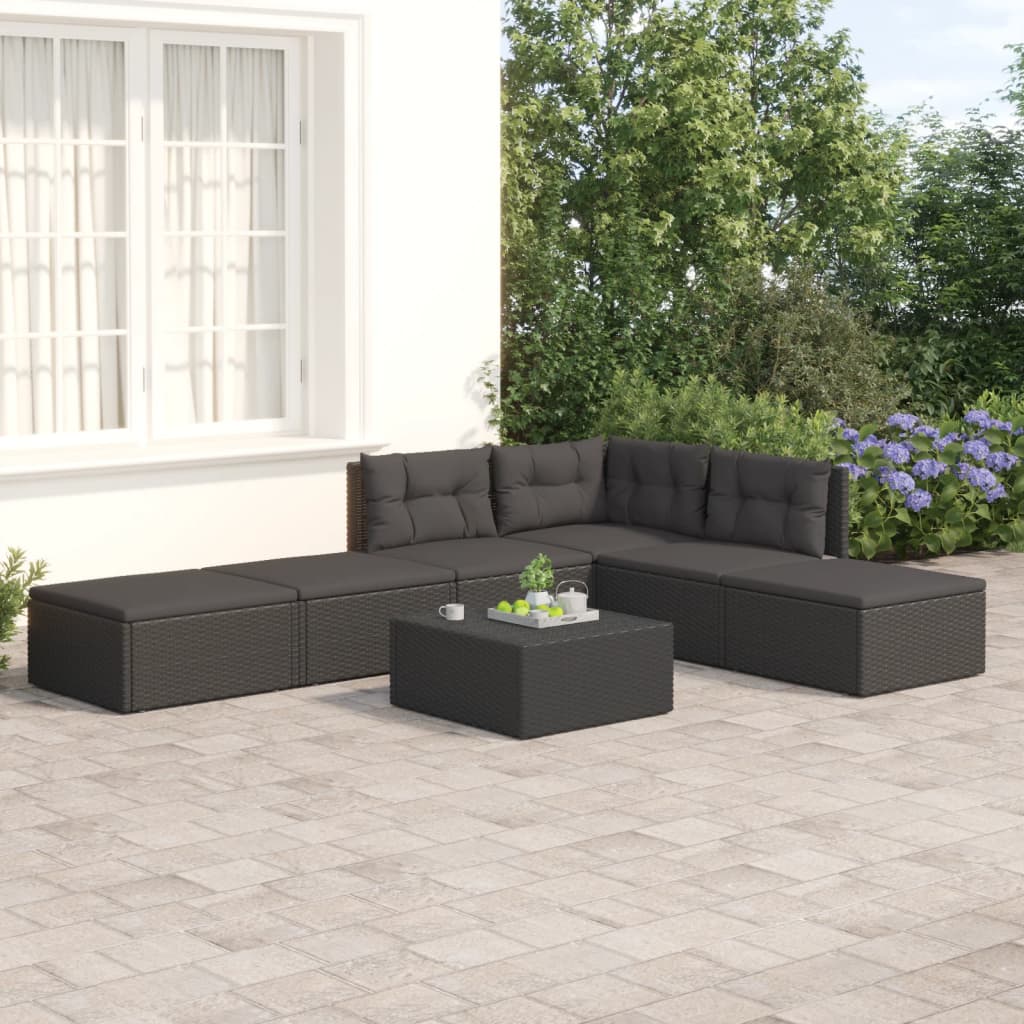 Vetonek Set muebles de jardín 6 piezas y cojines ratán sintético negro