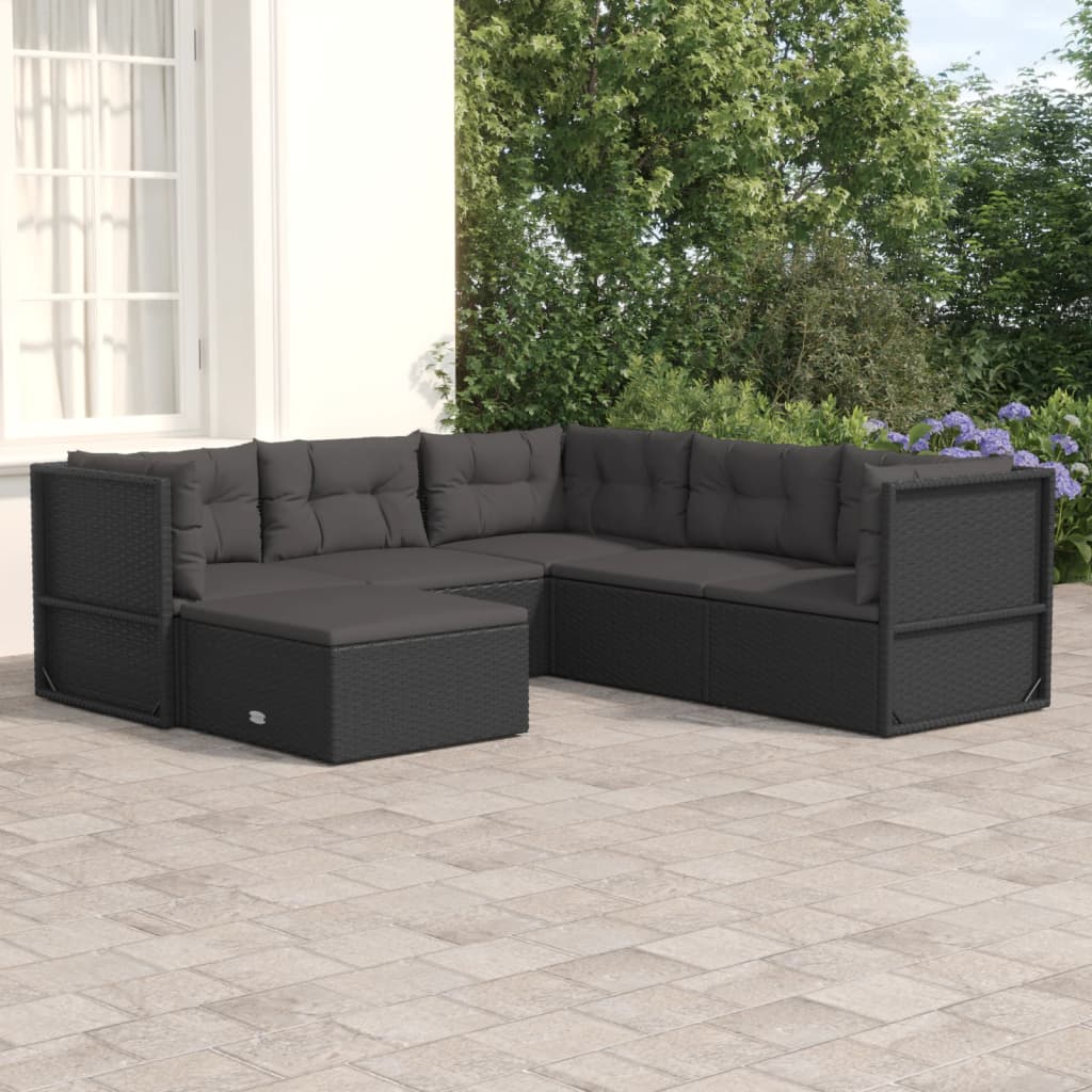 Vetonek Set muebles de jardín 6 piezas y cojines ratán sintético negro