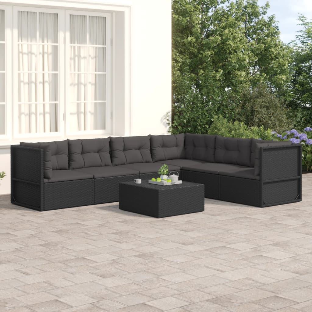 Set muebles de jardín 6 piezas y cojines ratán sintético negro