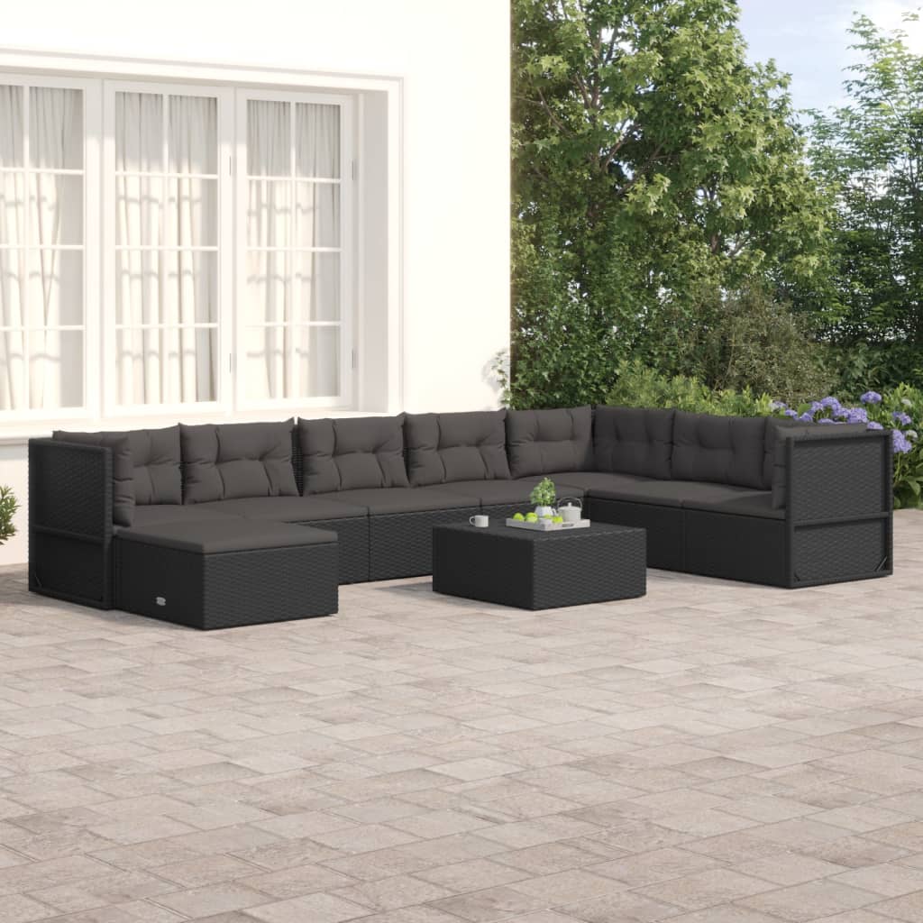 Vetonek Set de muebles de jardín 8 pzas y cojines ratán sintético negro