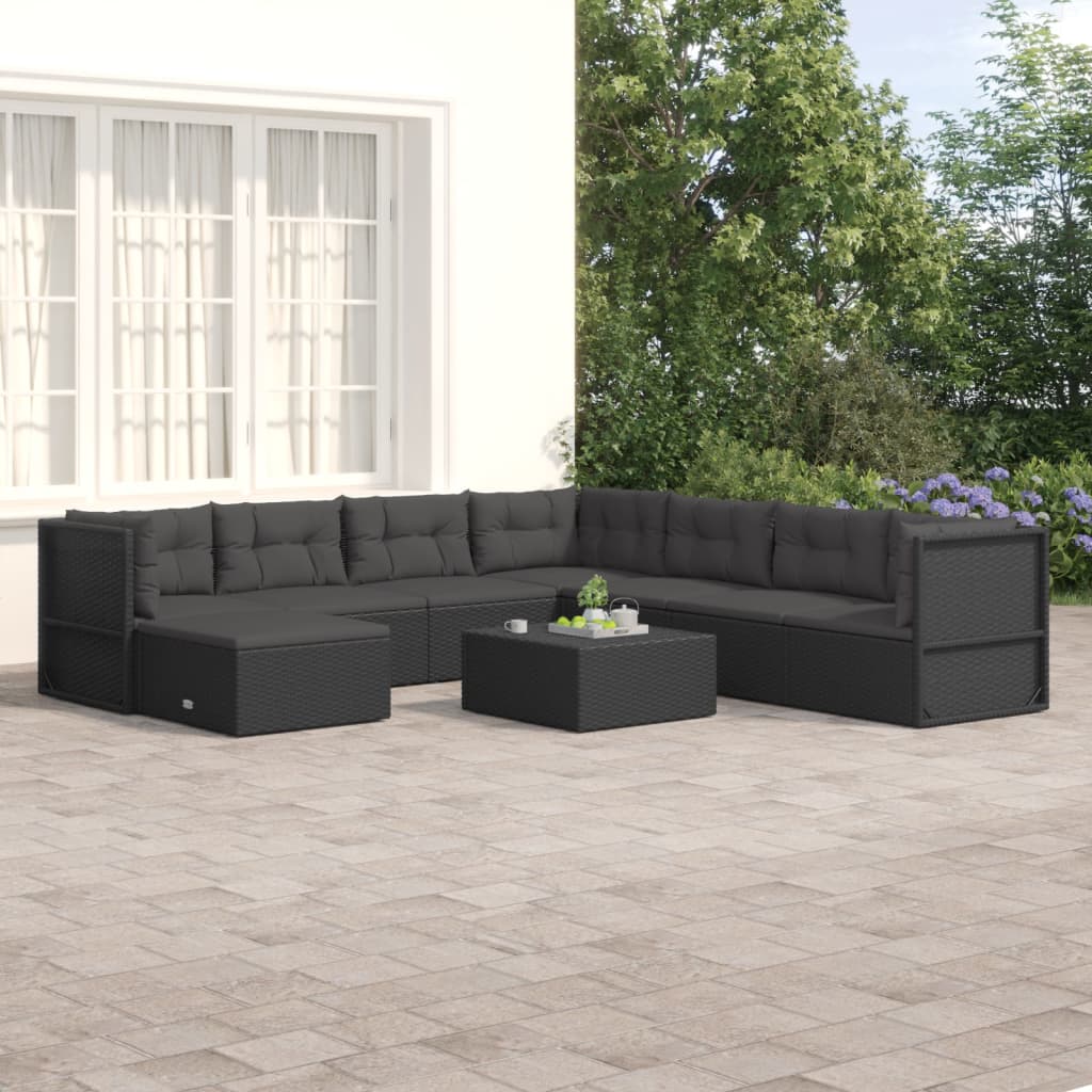 Vetonek Set de muebles de jardín 8 pzas y cojines ratán sintético negro