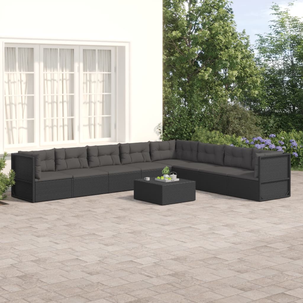 Vetonek Set de muebles de jardín 8 pzas y cojines ratán sintético negro