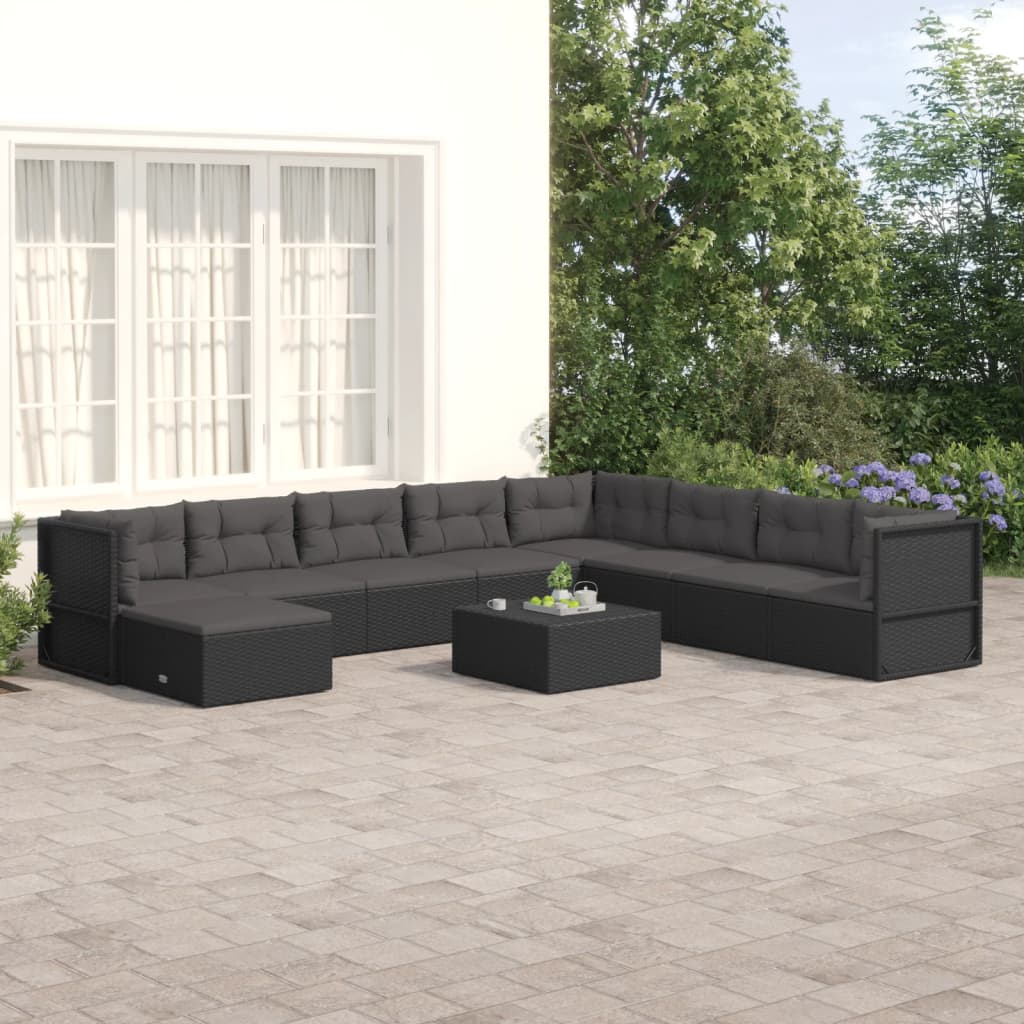 Vetonek Set de muebles de jardín 9 pzas y cojines ratán sintético negro