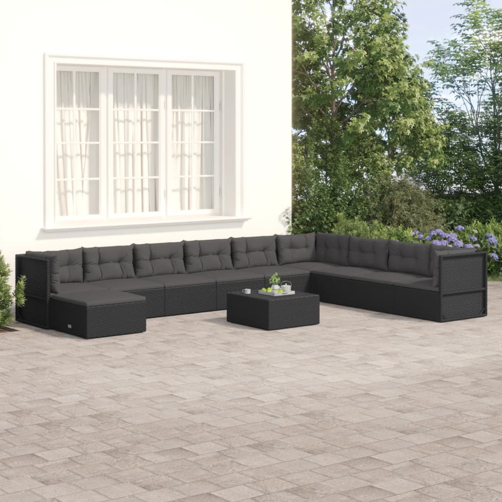 Vetonek Set de muebles de jardín 10 pzas cojines ratán sintético negro