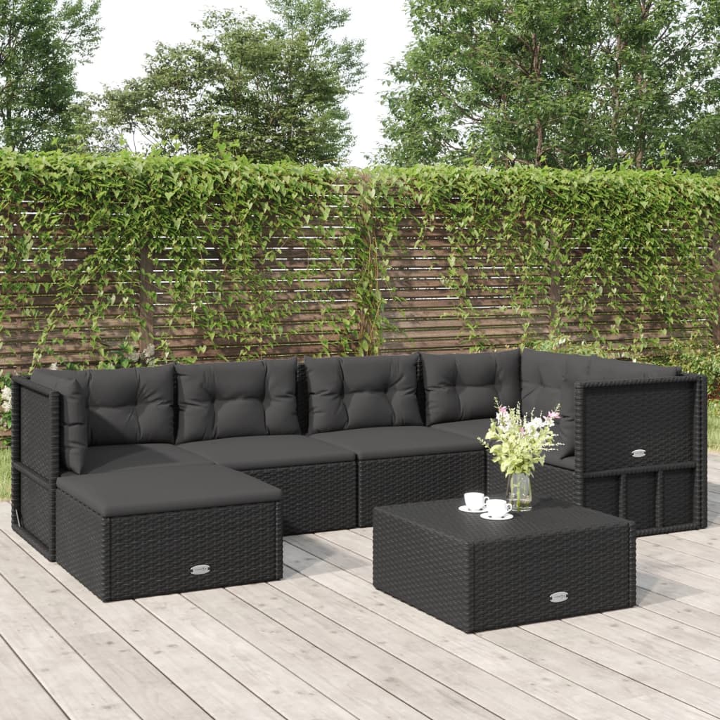 Vetonek Set muebles de jardín 6 piezas y cojines ratán sintético negro