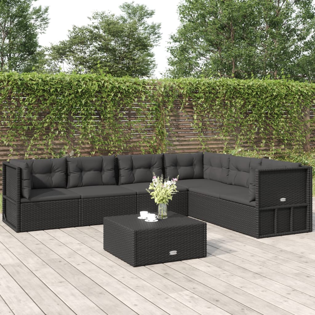 Set muebles de jardín 6 piezas y cojines ratán sintético negro