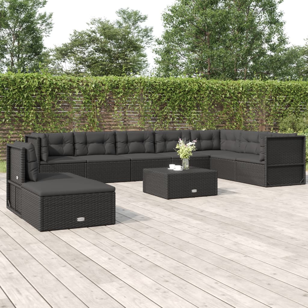 Vetonek Set de muebles de jardín 9 pzas y cojines ratán sintético negro