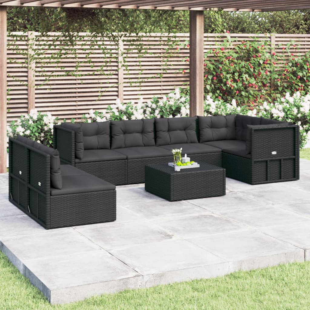 Vetonek Set de muebles de jardín y cojines 7 pzas ratán sintético negro