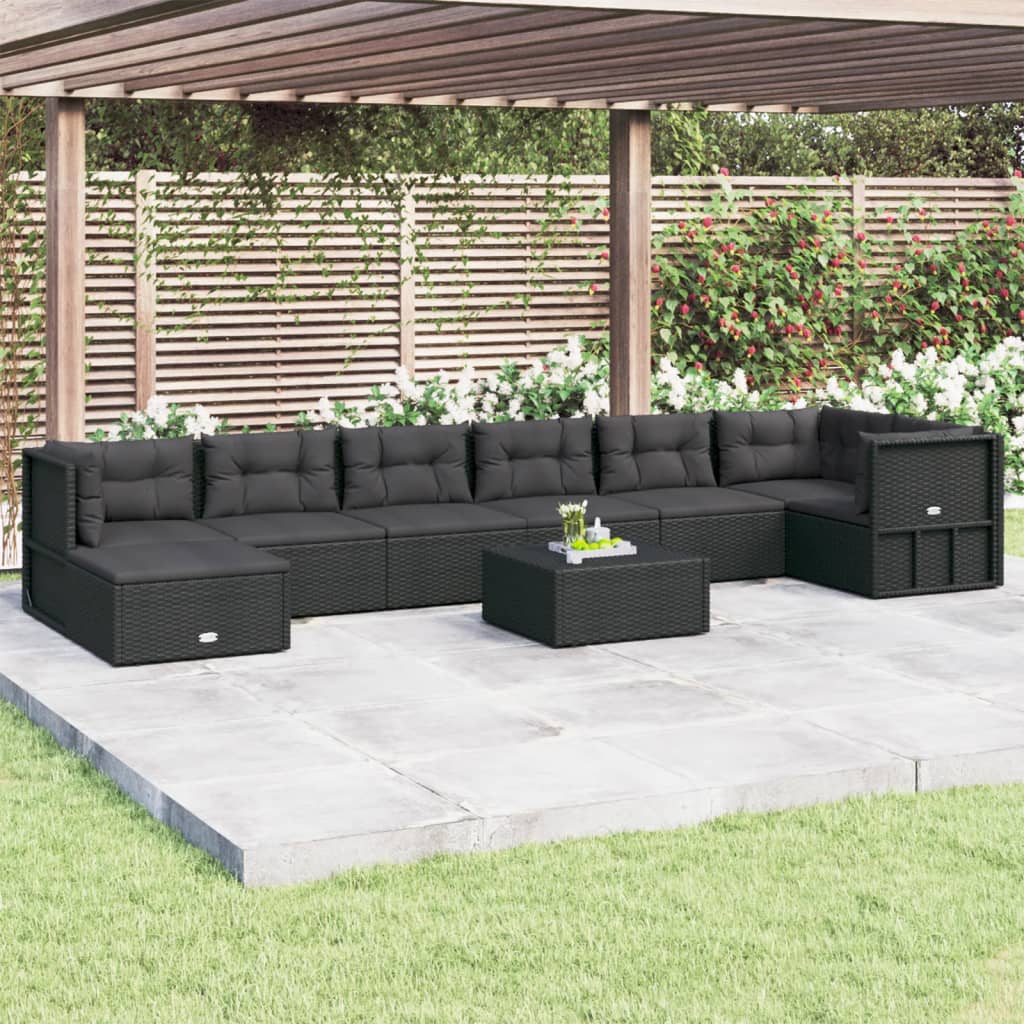 Vetonek Set de muebles de jardín 8 pzas y cojines ratán sintético negro