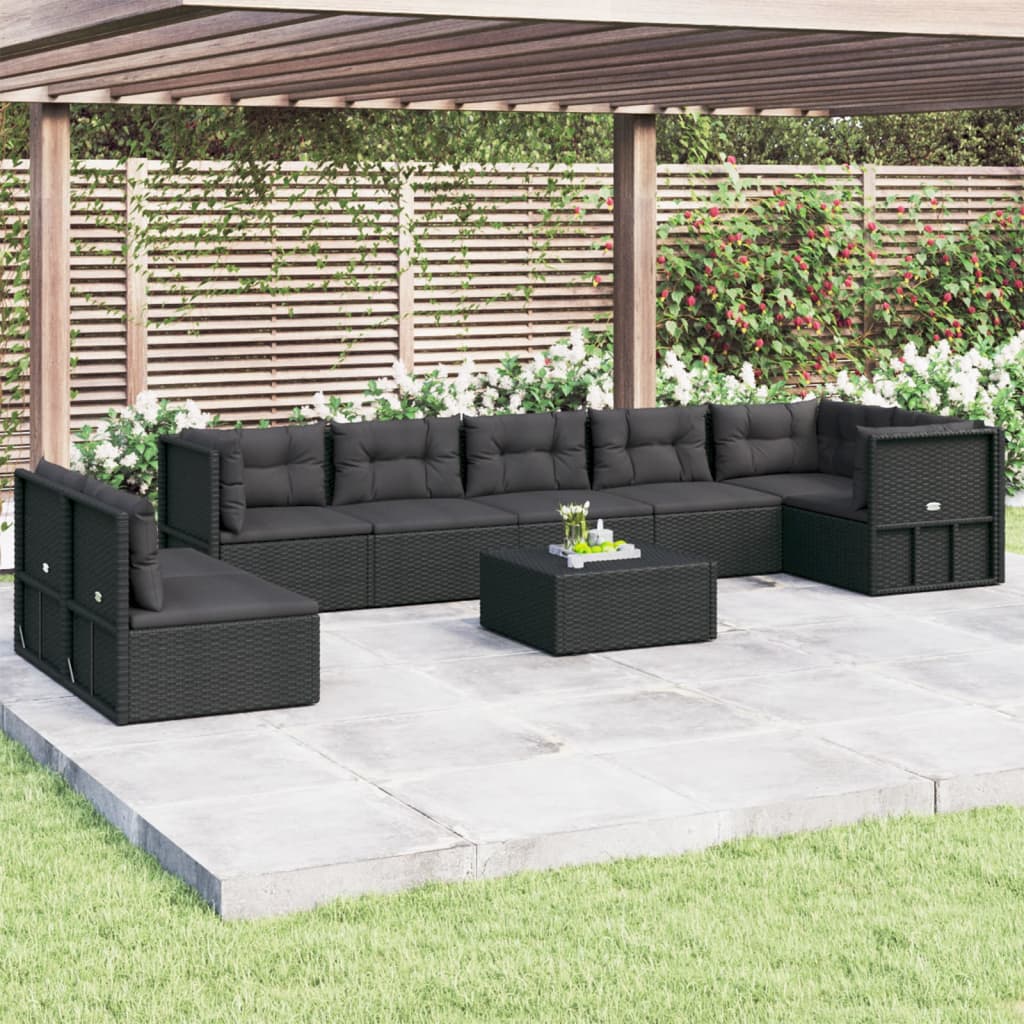 Vetonek Set de muebles de jardín 8 pzas y cojines ratán sintético negro