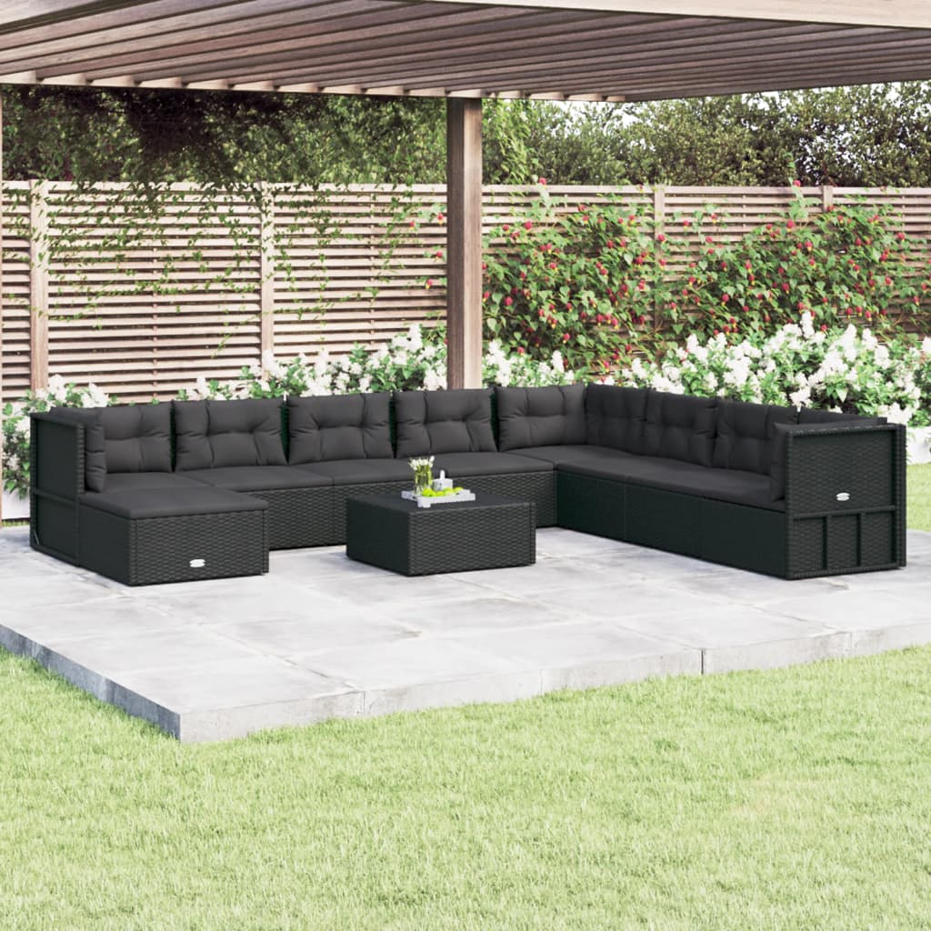 Vetonek Set de muebles de jardín 9 pzas y cojines ratán sintético negro