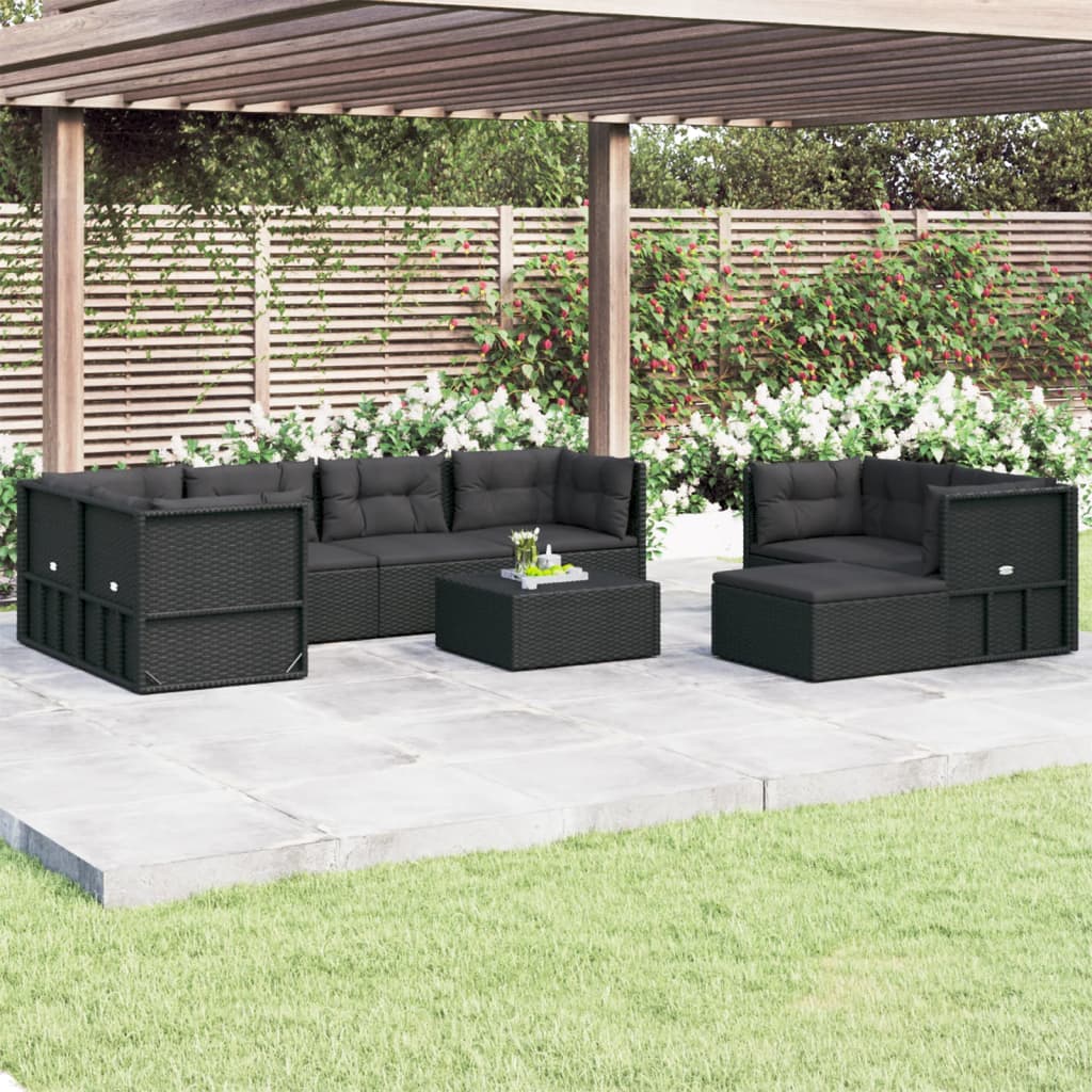 Vetonek Set de muebles de jardín 8 pzas y cojines ratán sintético negro