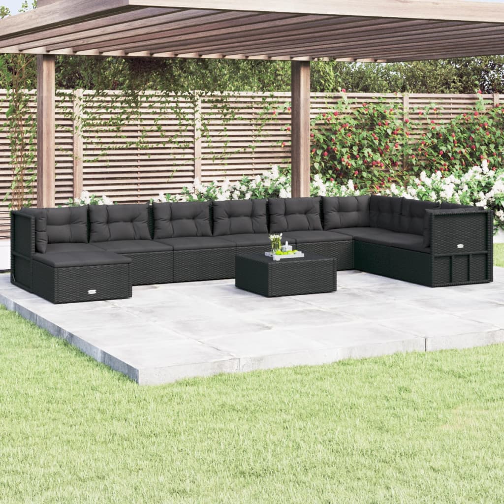 Vetonek Set de muebles de jardín 9 pzas y cojines ratán sintético negro