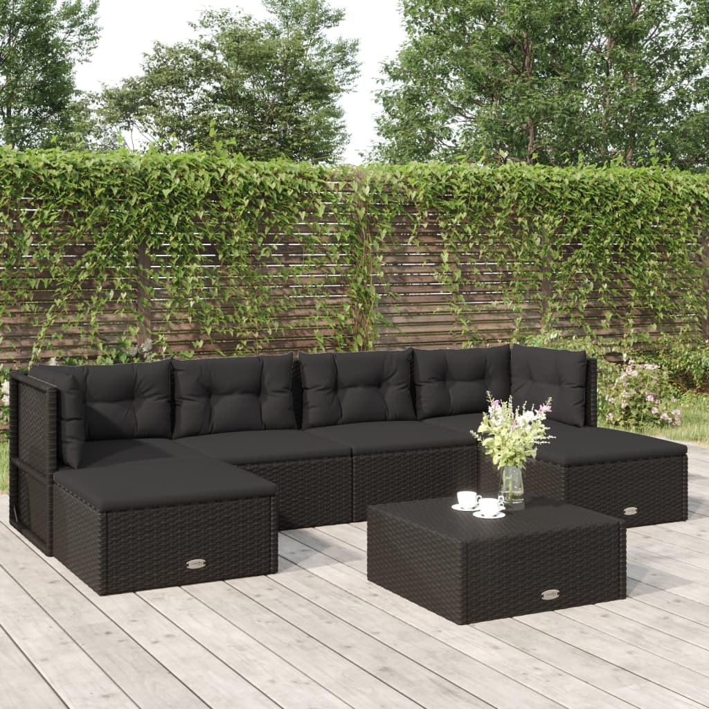 Vetonek Set muebles de jardín 6 piezas y cojines ratán sintético negro