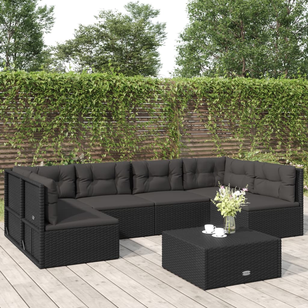 Vetonek Set muebles de jardín 6 piezas y cojines ratán sintético negro