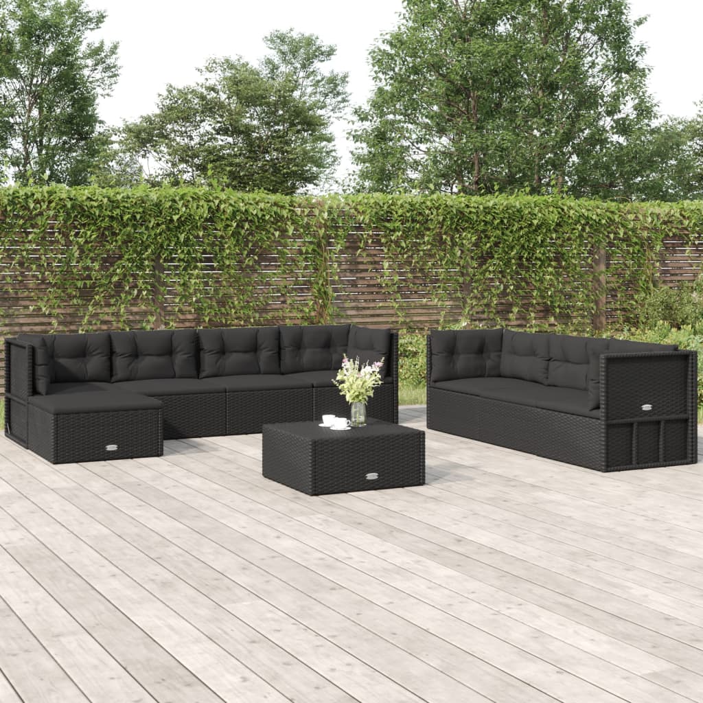 Vetonek Set de muebles de jardín 8 pzas y cojines ratán sintético negro