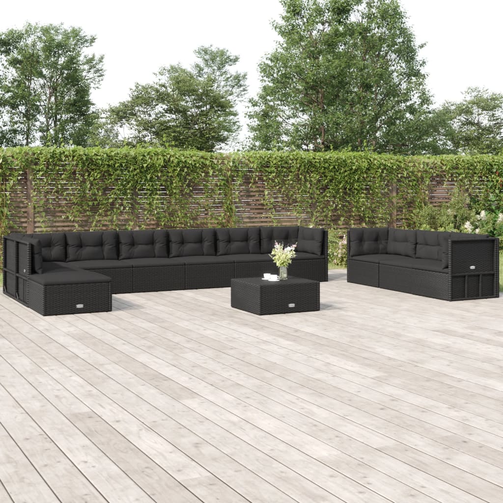 Vetonek Set muebles de jardín 11 pzas y cojines ratán sintético negro