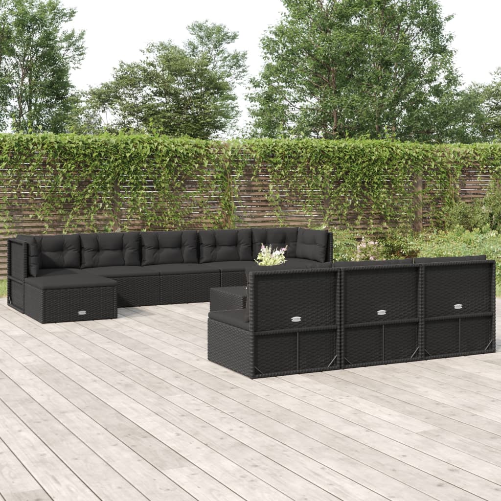 Vetonek Set muebles de jardín 11 pzas y cojines ratán sintético negro