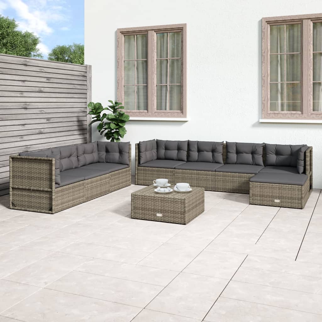 Vetonek Set de muebles de jardín 8 pzas y cojines ratán sintético gris