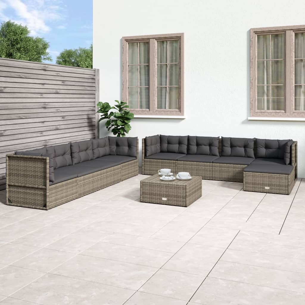 Vetonek Set de muebles de jardín 9 pzas y cojines ratán sintético gris