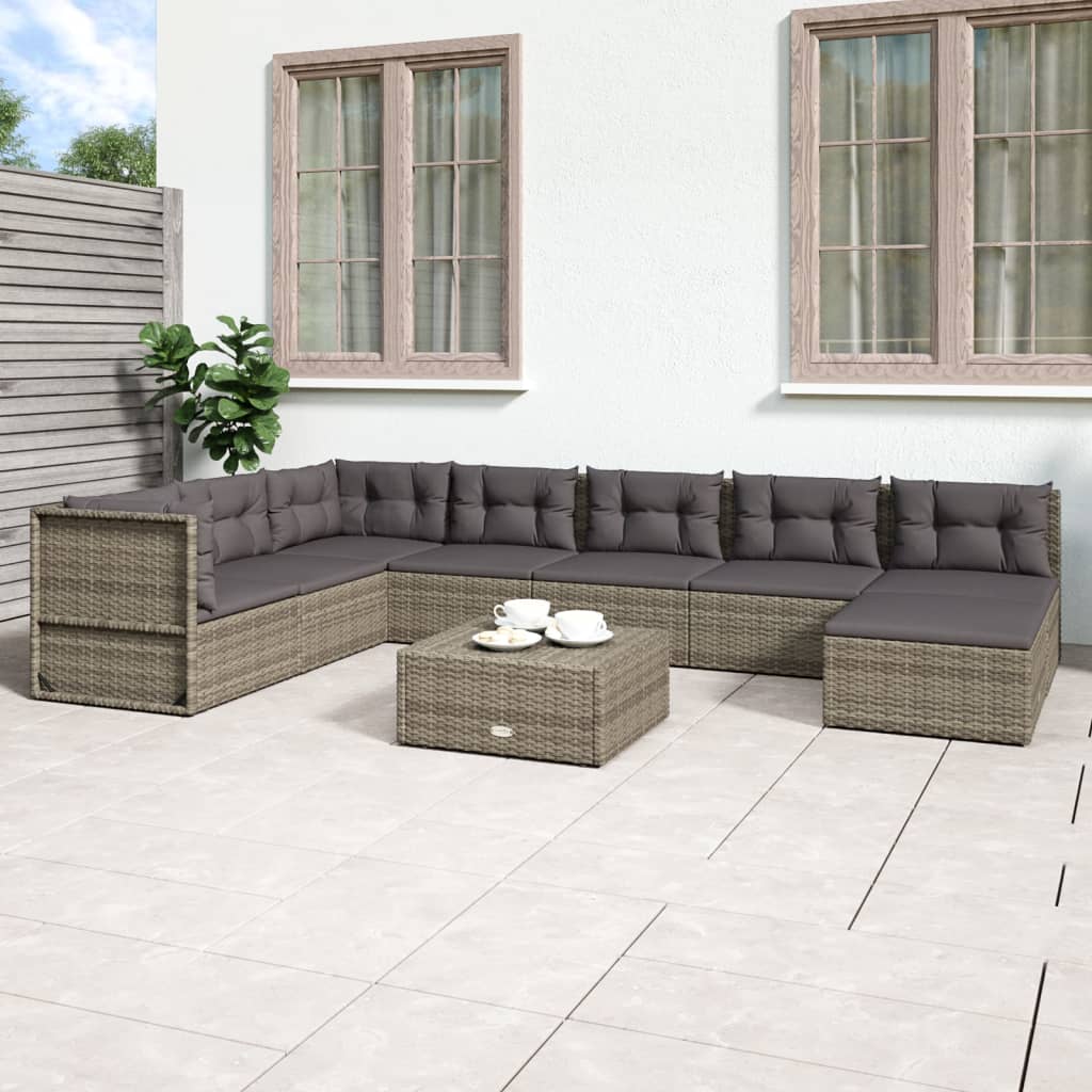 Vetonek Set de muebles de jardín 8 pzas y cojines ratán sintético gris