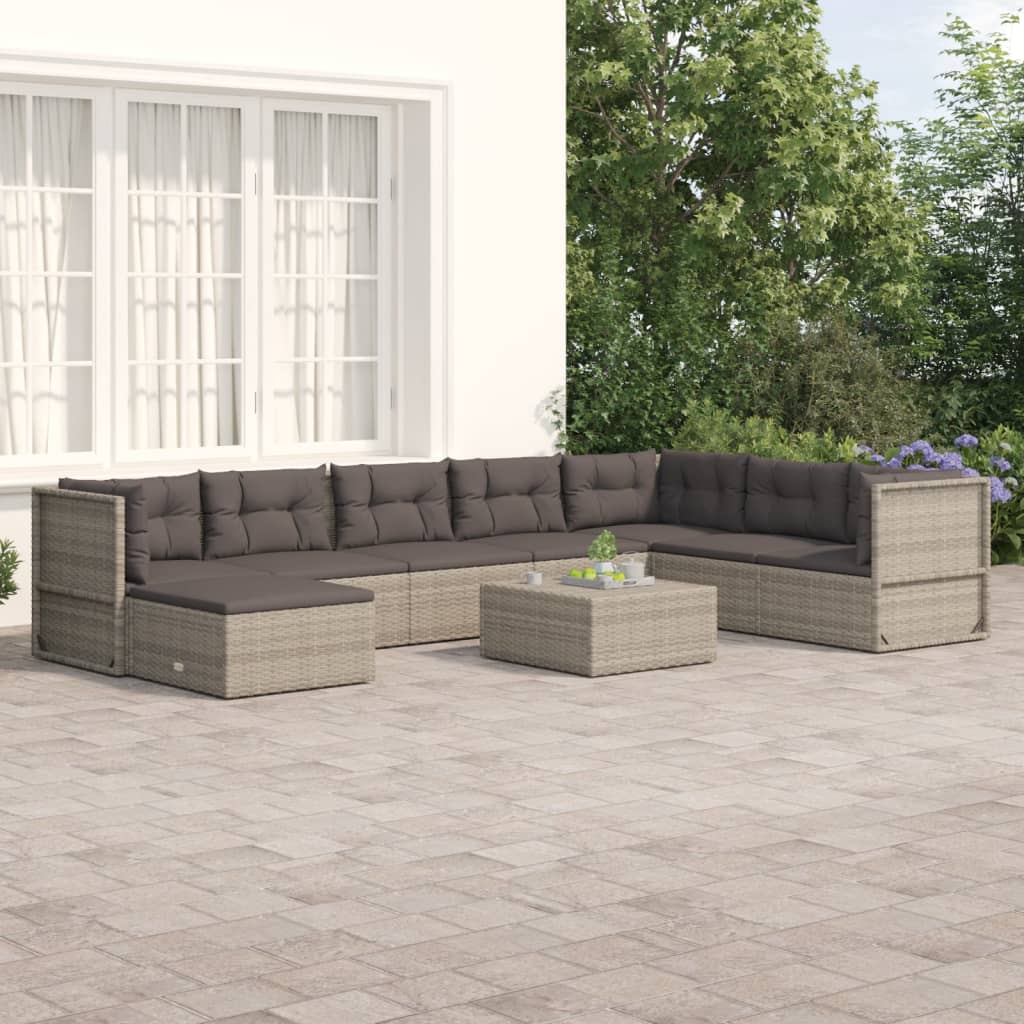 Vetonek Set de muebles de jardín 8 pzas y cojines ratán sintético gris