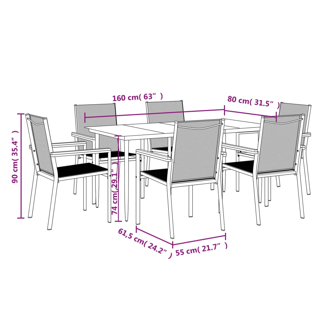 Juego de comedor para jardín 7 piezas acero y textilene negro vidaXL