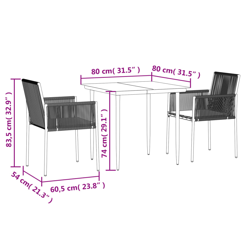 Set comedor jardín 3 pzas y cojines acero ratán sintético negro vidaXL