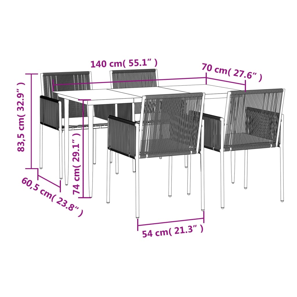 Set comedor jardín 5 pzas y cojines acero ratán sintético negro vidaXL