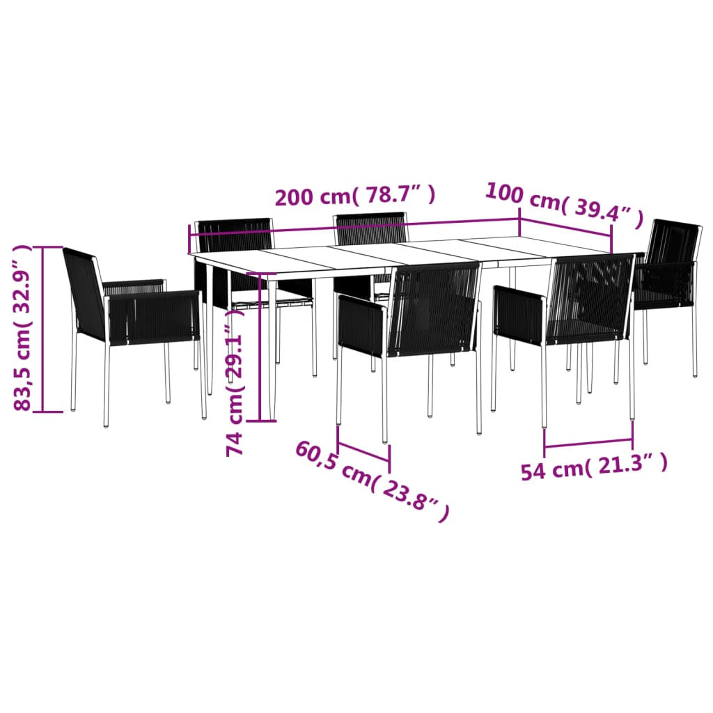 Set comedor jardín 7 pzas y cojines acero ratán sintético negro vidaXL